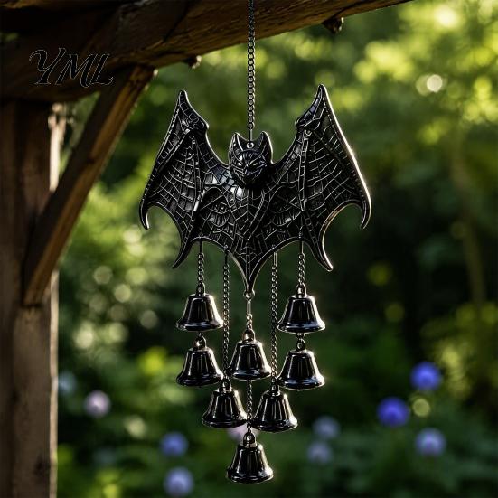 Halloween Atmosphere Party Supplies Gothic Bat Metal Wind Chime, Hanging Ornament with Multiple Bells, 3D Durable Black Chime Embossed Decor