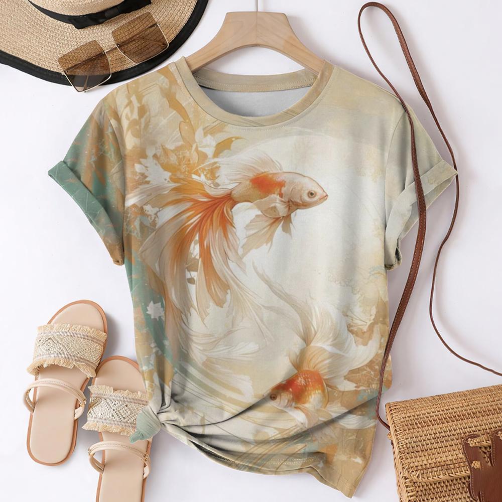 Футболки с 3D-принтом «Рыба кои» для женщин, уличная одежда, повседневная мода, Harajuku Y2k, футболка с коротким рукавом, футболки с круглым вырезом, топы, одежда