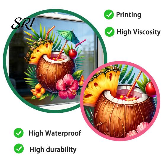 Temporary Window Sticker Summer Beach Cling Reusable Coconut Drink Pineapple Flower Static PVC Wall Removable Hawaiian Tropical Theme Glass Decals for