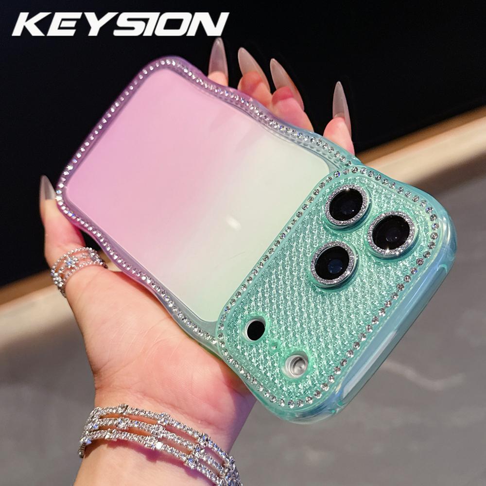 KEYSION Чехол для телефона со стразами для iPhone 13 14 15 16 17 Pro Max 17 Air 16 Plus Прозрачный Волнистый Защитный чехол для объектива Ударопрочная задняя крышка