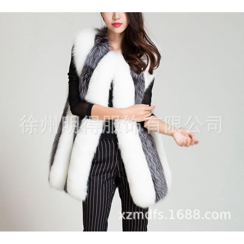 Womens Mid-length Faux Fur Vest Fox Style Elegant Lady Outerwear
