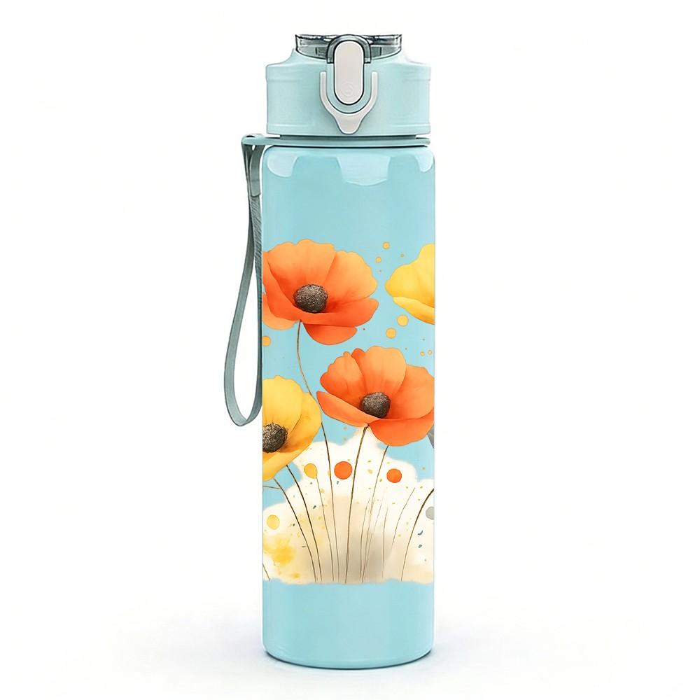 1PC Orange Wild Daisy Flower Cluster 750ml Color Plastic Sports Water Bottle Leakproof Flip Straw Lid For Sports Office Home Use