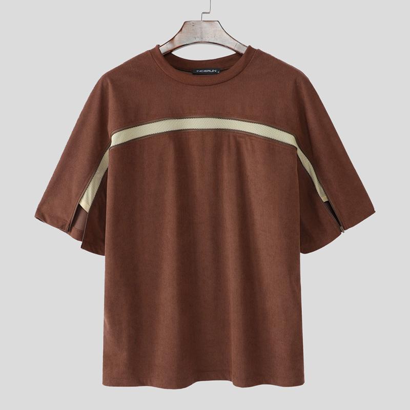 INCERUN Men Short Sleeve Hollow Patchwork Zip-up Casual Loose T-shirts