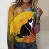 Топы на весну и осень, зонт, кошка, принт, круглый вырез, длинный рукав, футболка, осенний повседневный тонкий пуловер, женский топ с длинным рукавом