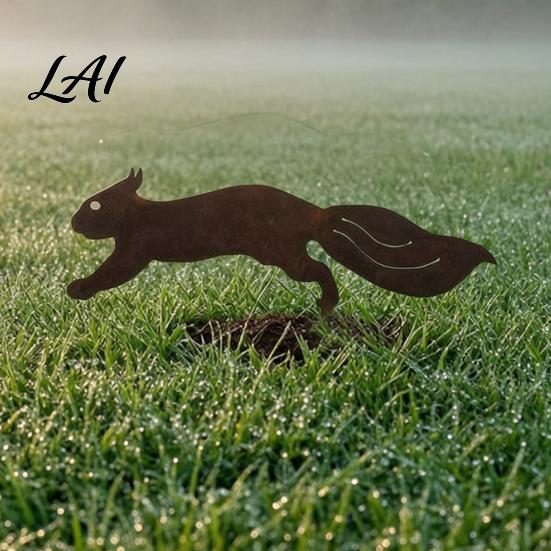 Outdoor Rusty Iron Art Meditating Fox Garden Stake Metal Yard Decor Rustic Japanese Dry Landscape Decor Silhouette Dragonfly Squirrel Rabbit