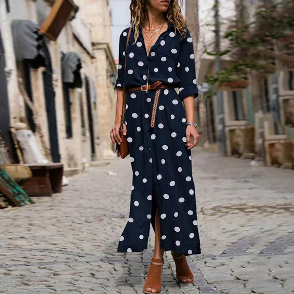 Women's Fashion Casual Polka Dot Print Lapel Long Sleeves Single-breasted Stitching Loose Waist Hem Split Chiffon Dress