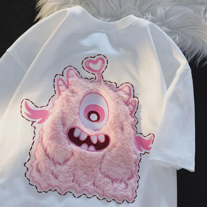 Женская розовая футболка из хлопка с вышитым ретро-монстром, с короткими рукавами, в стиле High Street Fashion, свободного кроя