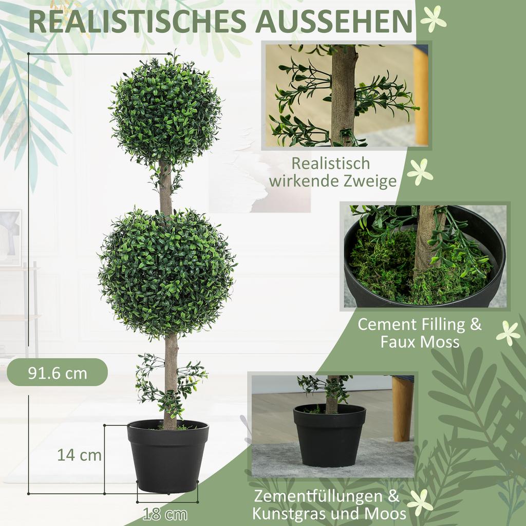 Artificial Boxwood Plants, Set of 2, UV-protected, with Pot, Green