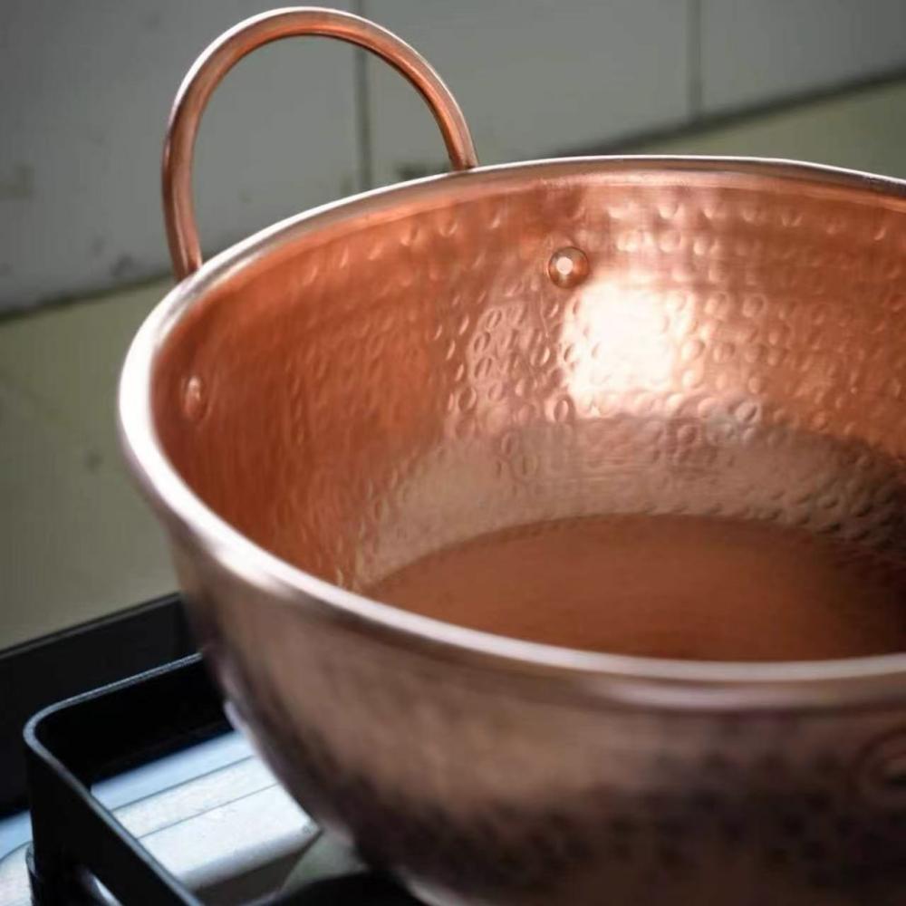 Винтажный медный котелок, походный котелок для еды, кухонная утварь для медленного тушения и варки пасты, ручная работа, молотковая текстура, 20 см, ручной котелок