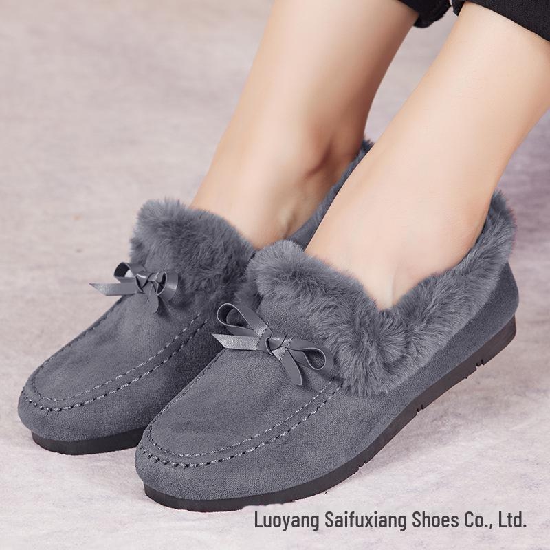 Женские туфли Old Beijing Cotton, Furry Bean, с бархатной подкладкой, утолщенные, нескользящие, без застежек, на плоской подошве, для ношения на открытом воздухе осенью и зимой