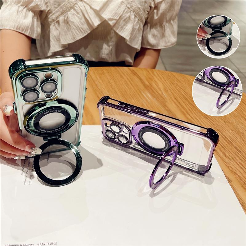 For iPhone 15 Pro Max Luxury Plating Frame Magsafe Magnetic Stand Phone Case For iPhone 11 12 13 14 16Plus Lens Protective Cover