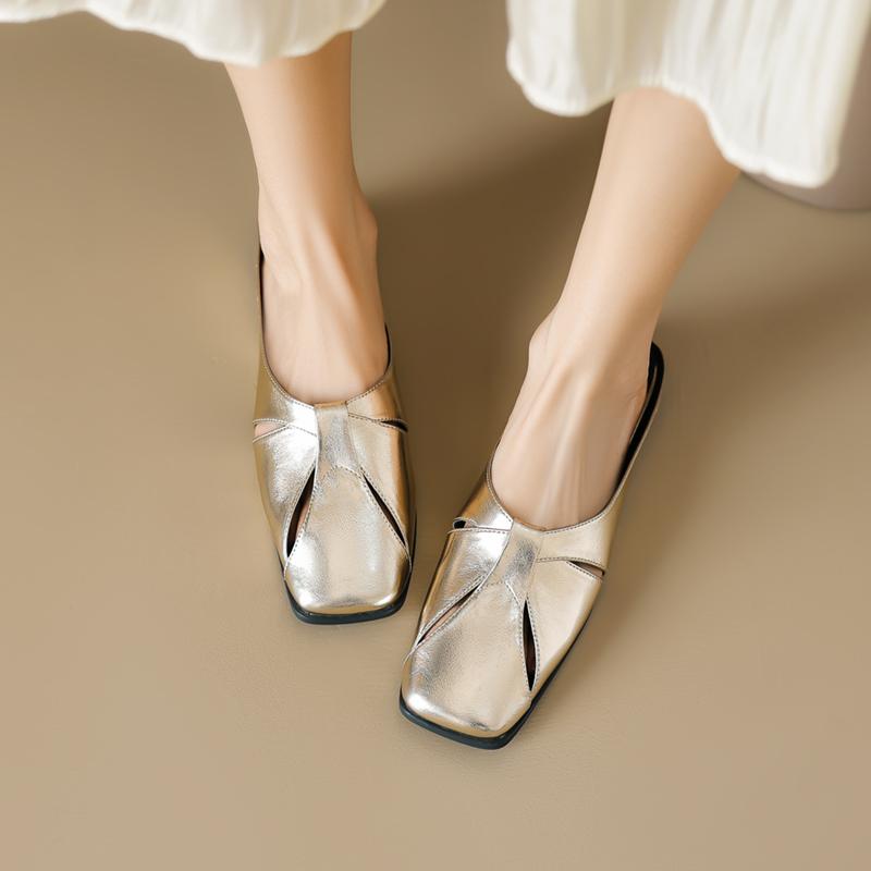 2024 Женские сандалии из натуральной кожи Мюли Тапочки с квадратным носком на низком каблуке Модные серебристо-золотые туфли Женские повседневные офисные тапочки