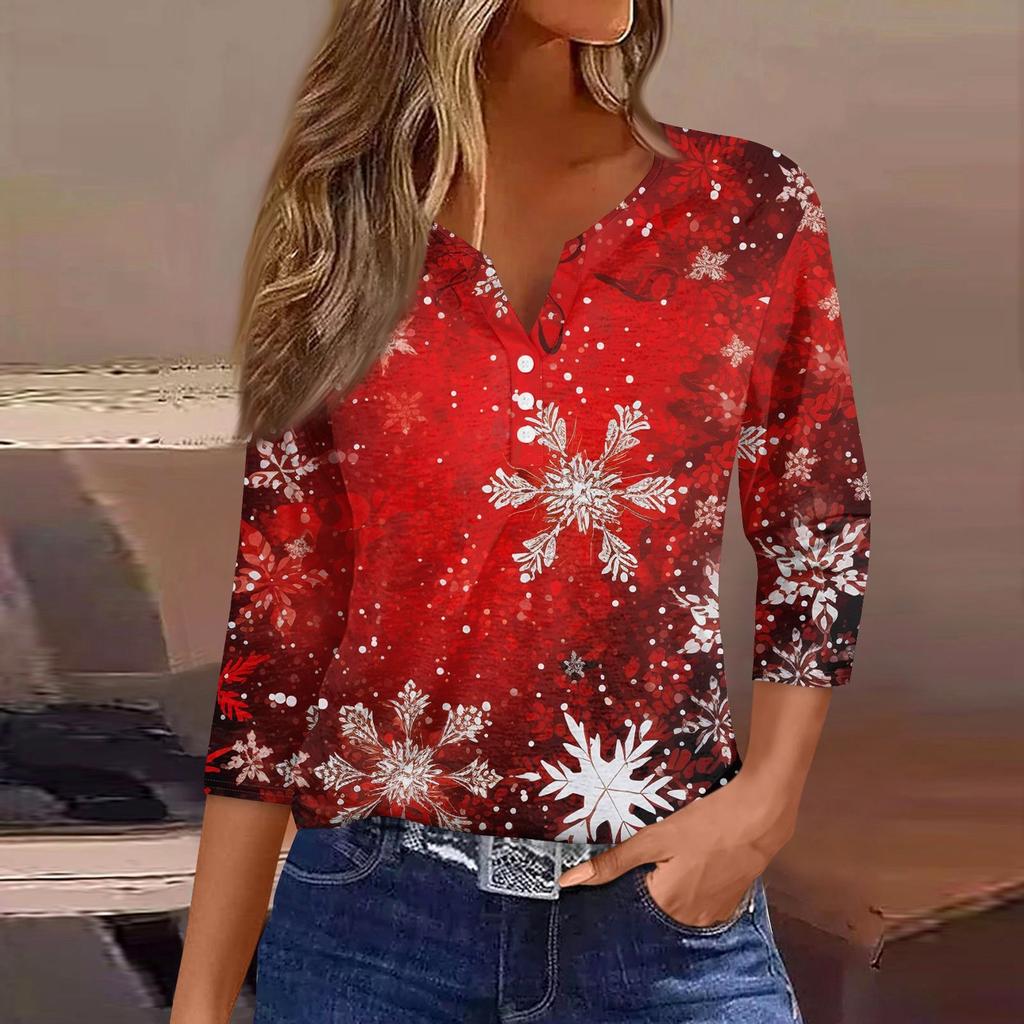 Жен. Футболка Футболка С принтом Пуговицы Рукав 3/4 Повседневные Выходные Мода Классический Классический V-образный вырез Обычный Верх