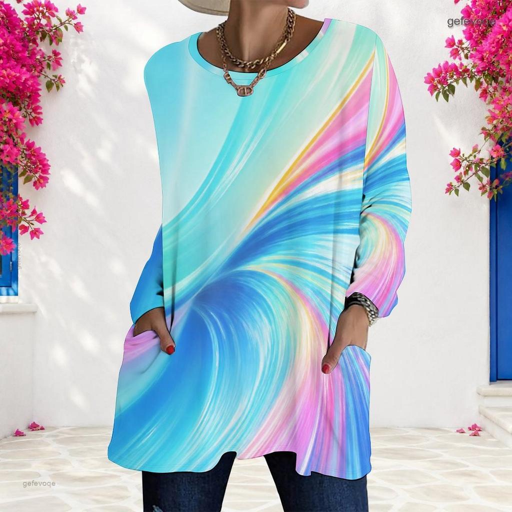 Women Plus Size Round Neck Long Sleeve Swirl Printed Colorful Loose Longline T Shirt With Pockets