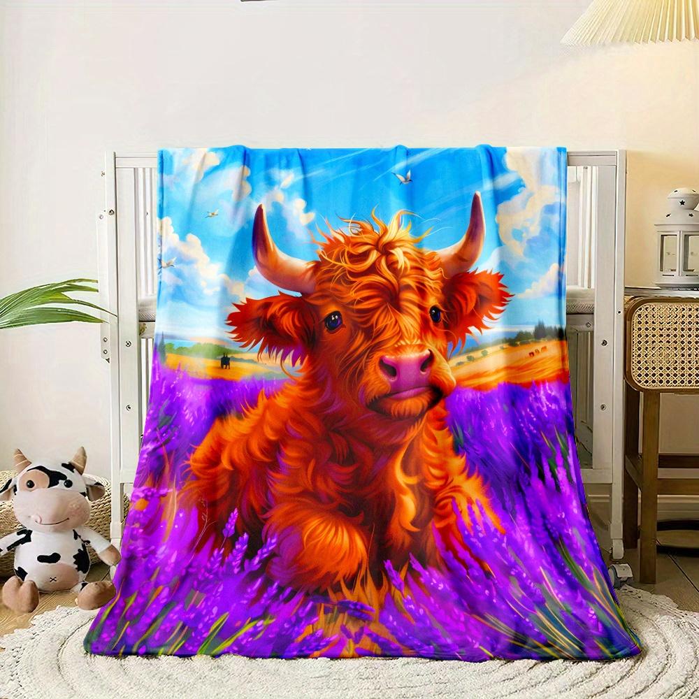 Colorful Highland Cow in Lavender Field Flannel Blanket Scottish Farm Animal Art Bright Landscape Print Soft Warm Throw for Home