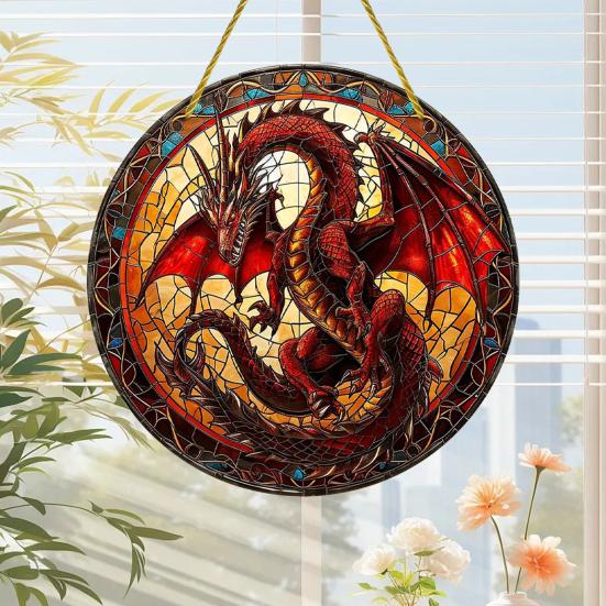 Window Hanging Pendant with Lanyard Realistic Dragon Printing Round Shape Sun Catcher Home Office Garden Decoration Panel Pendant