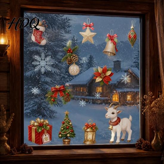 Christmas Bell Window Patterns Lamb Static Glass Stickers Reusable PVC Cling Holiday No Glue Art Decals with Bells Snowflakes Tree And Gifts