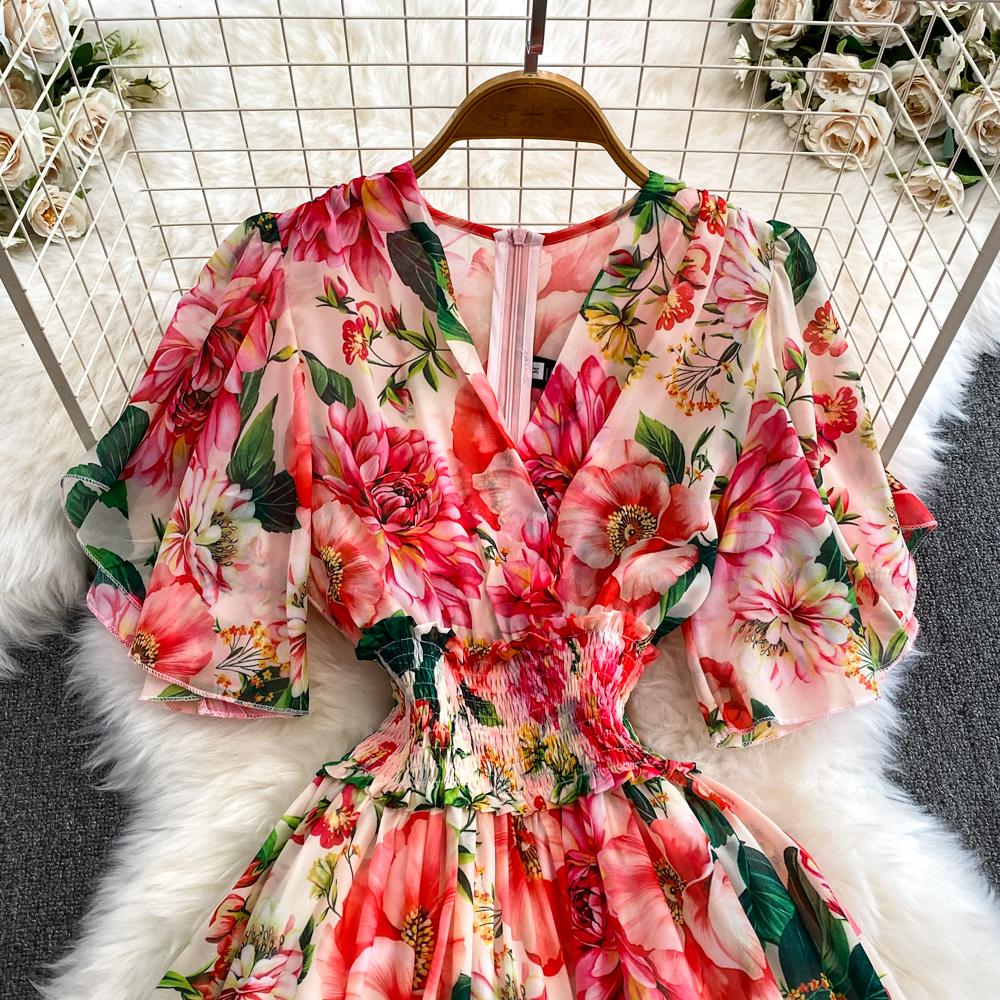 Милое шифоновое платье в стиле отпуска с V-образным вырезом и короткими рукавами, лето 2024, многоуровневые длинные платья с оборками по краям