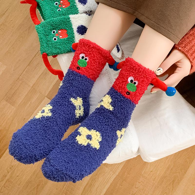 Super Cute Cartoon Socks Medium Tube Socks Season Thickened Warm Coral Fleece Socks Embroidered Expression Floor Sleeping Socks