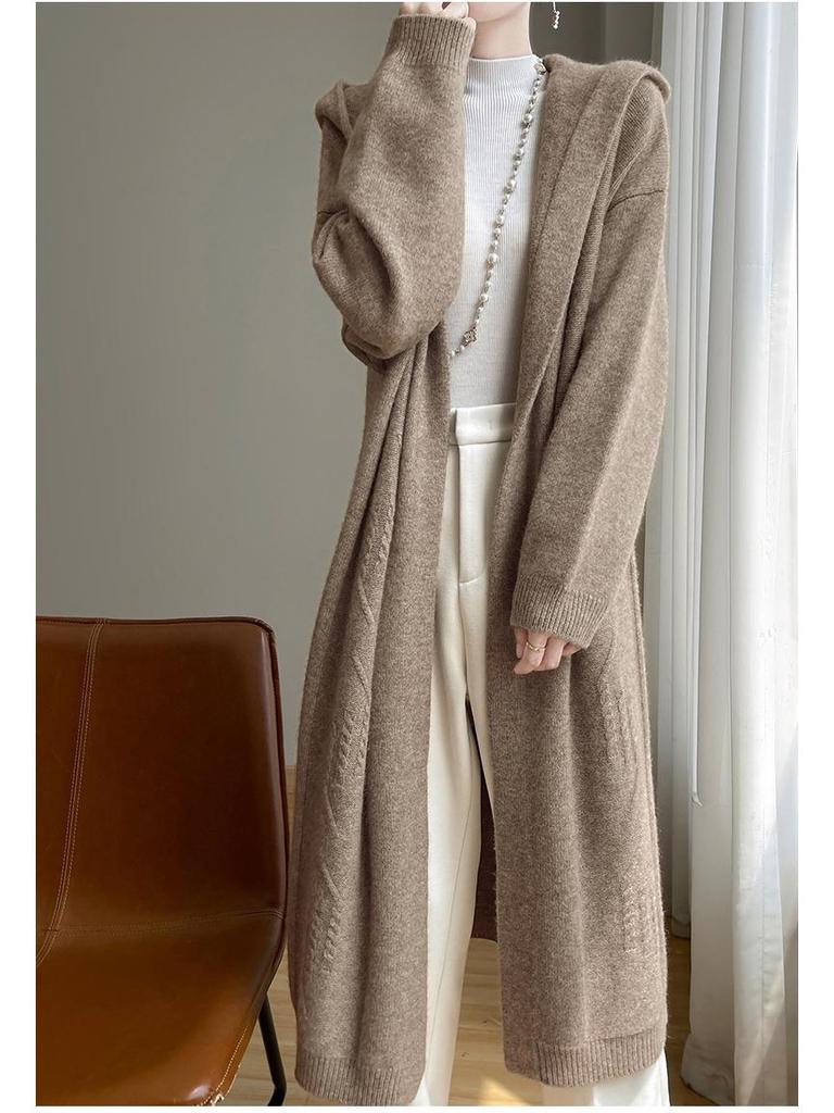 Women's Hooded Over-the-Knee Wool Knitted Cardigan - Thick, Loose, Buttonless Outerwear for Autumn/Winter