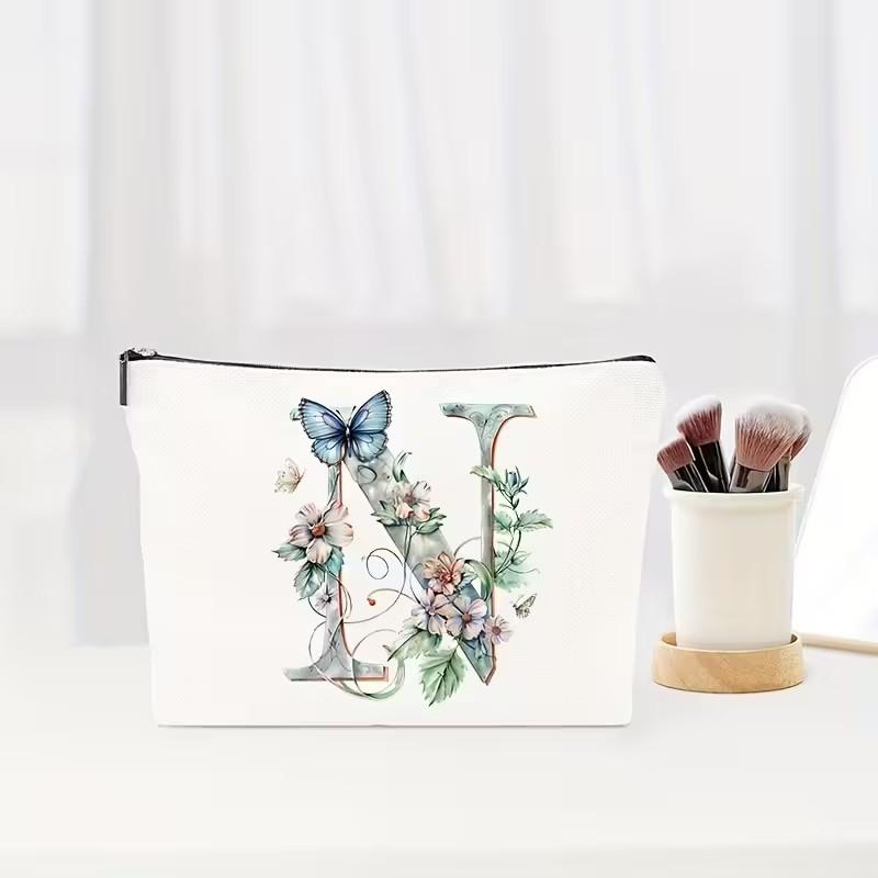 Letter Floral Pattern Zipper Cosmetic Bag Portable Travel Makeup Pouch Multifunctional Toiletry Wash Storage Bag for Women Daily Vacation Organizer