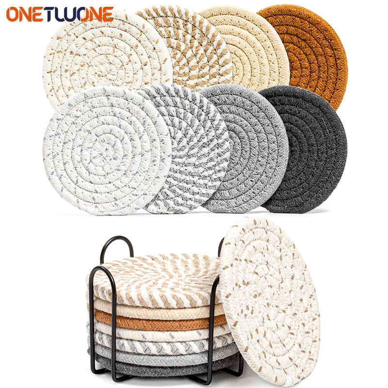 8Pcs Drink Coasters with Holder,Absorbent Cotton Coaster Set 11cm Woven Coasters Drinks Coffee Minimalist Cup for Home Bar Decor