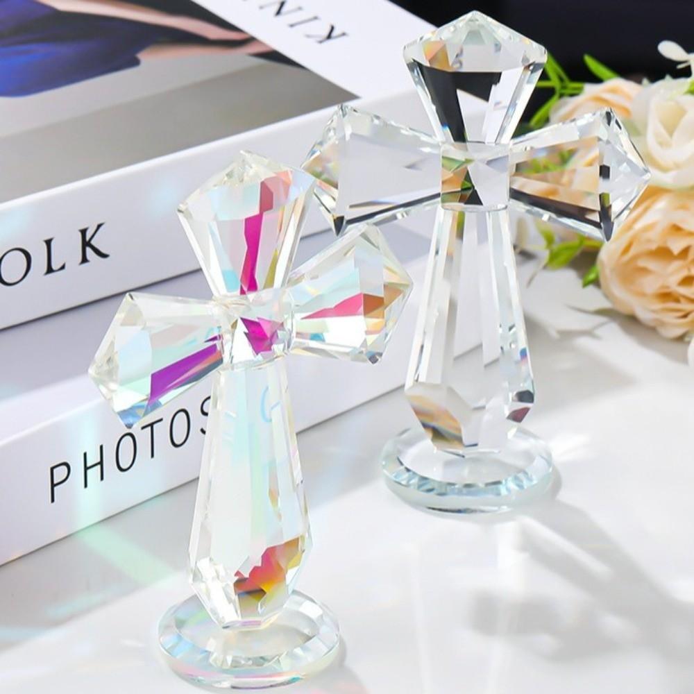 Hand-Carved Crystal Cross 360° Faceted Design Standing Ornament Spiritual Gift Christians AB Color Crystal Religious Figurine