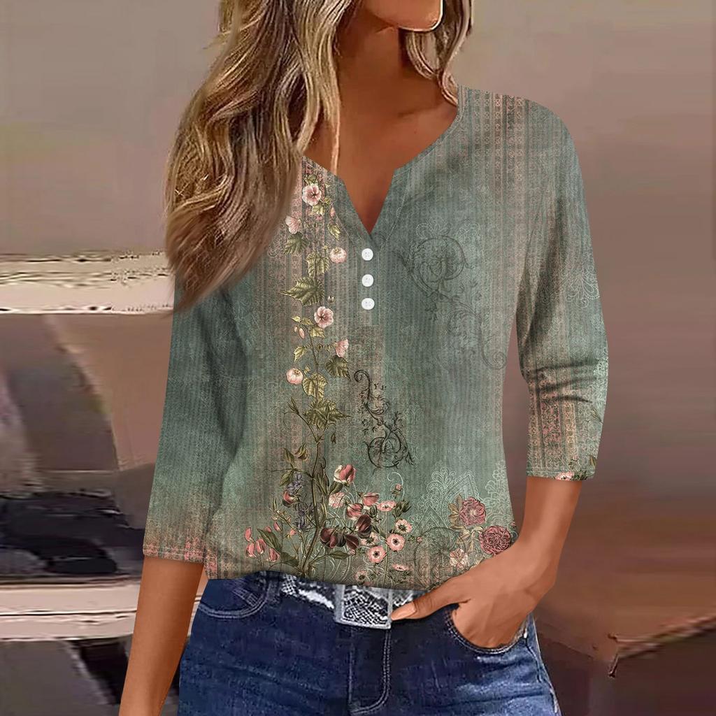 Женская футболка с принтом на пуговицах, рукав 3/4, вязаный свитер, повседневный, модный, на выходные, базовый, с V-образным вырезом, обычный топ