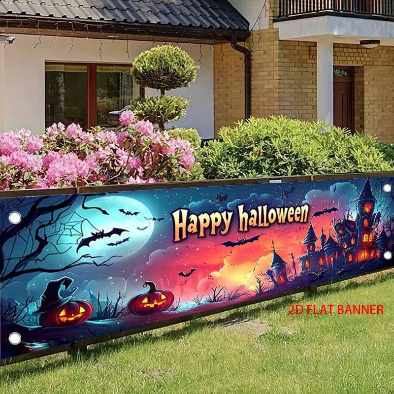 Halloween Fence Banner, Haunted Castle with Flying Bats and Glowing Jack-O-Lantern Path, Outdoor Decor