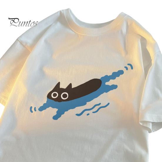 Повседневная футболка для пары с рисунком черной кошки, футболка с круглым вырезом, свободный летний топ для мужчин и женщин, домашняя спортивная одежда для улицы