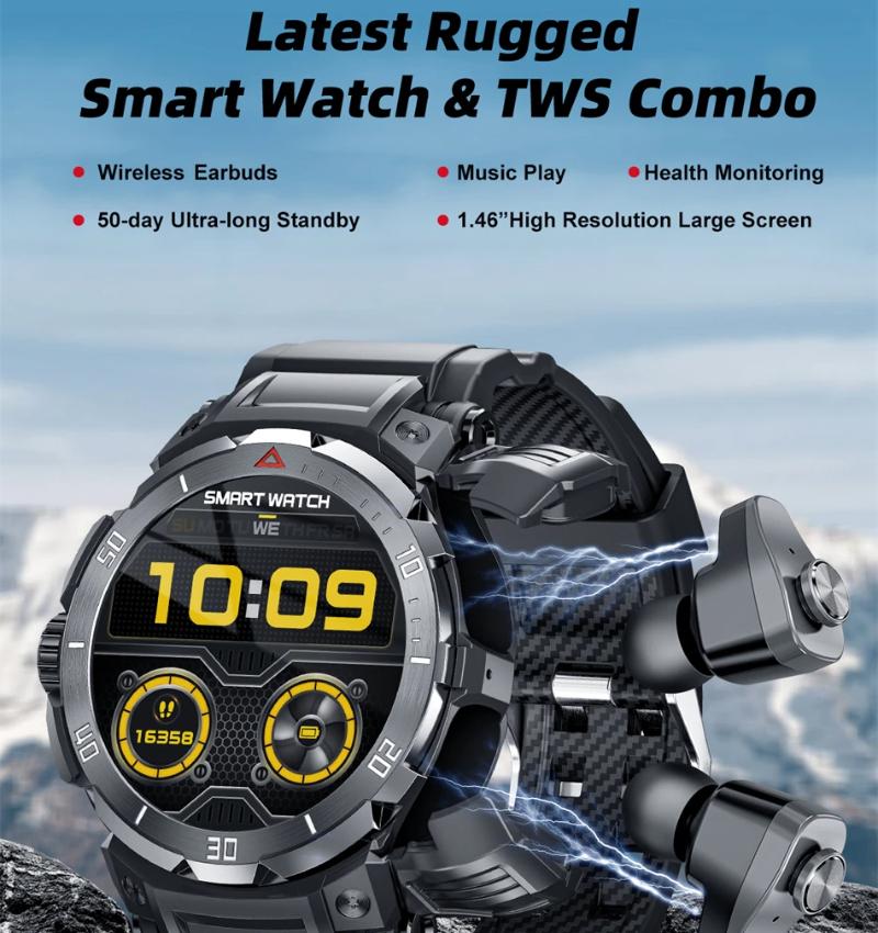 2025 Новая NFC 2 в 1 Bluetooth-гарнитура Смарт-часы TWS Музыкальный разговор с наушниками 4 часа мощных звуковых эффектов Любитель музыки Мужские смарт-часы