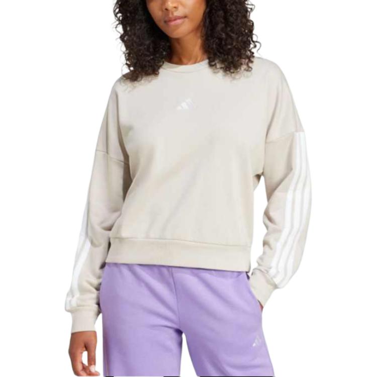 Adidas Comfortable Striped Crew Neck Pullover Sweatshirt Women Tops Miracle-Alum-Brown White JE0014