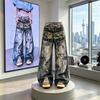 Mens Hip Hop Wide Leg Jeans 3D Print Distressed Washed Denim Pants Casual Streetwear