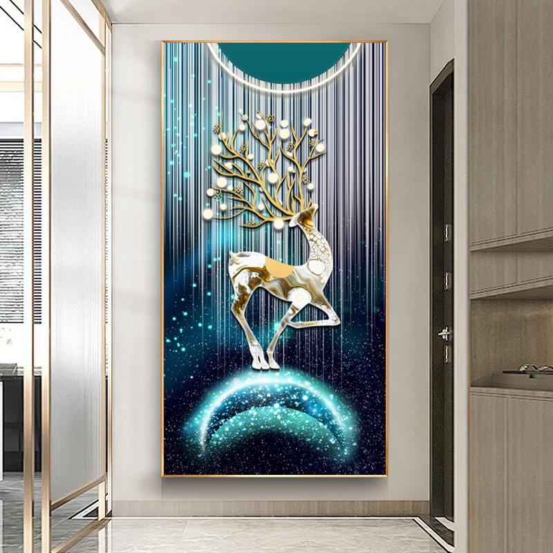 Абстрактные картины на холсте с золотым оленем в стиле фэншуй, постеры и принты из дзен-камня, современные роскошные настенные рисунки с листьями для декора крыльца без рамки