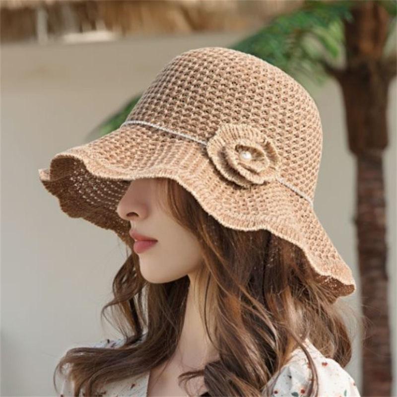 Korean-style summer wavy edge floral hollow breathable sun-shading fisherman hat for women, suitable for spring and autumn, foldable beach sun hat