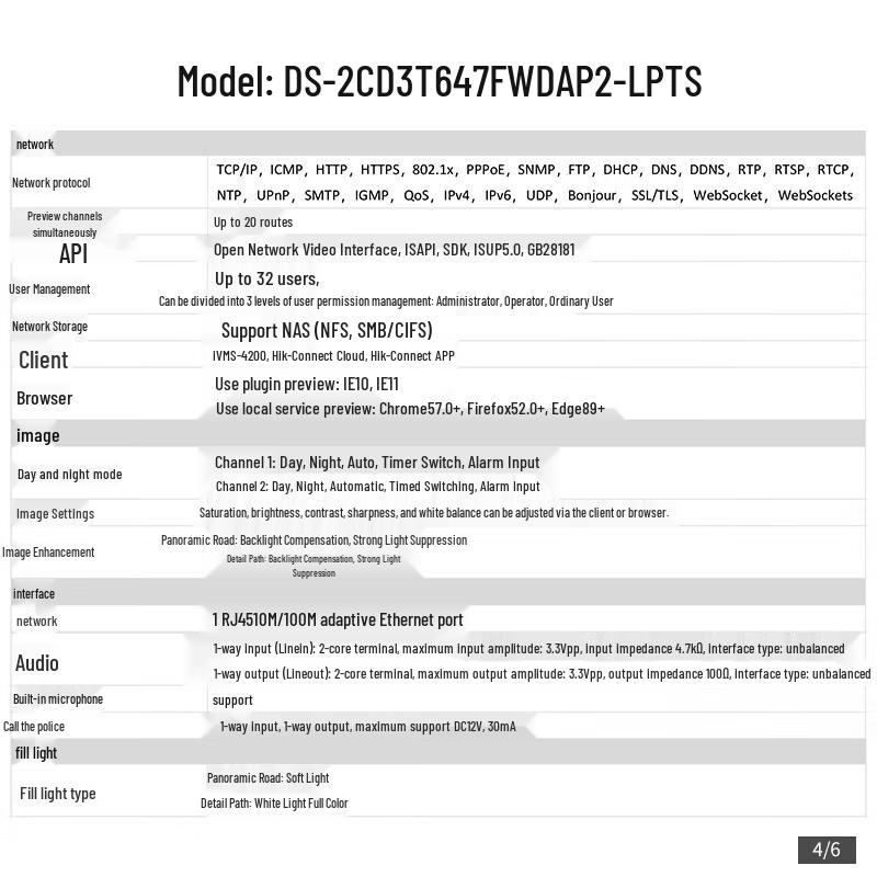 Hikvision DS-2CD3T647FWDAP2-LPTS Full-Color Dual-Light PoE Surveillance Camera CN plug (adapter included)
