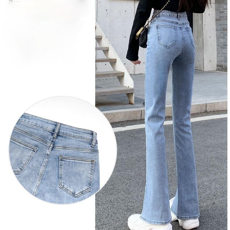 Весенне-летние эластичные джинсовые брюки с высокой талией, тонкие утягивающие прямые женские повседневные джинсовые брюки с разрезом, микро-прямые