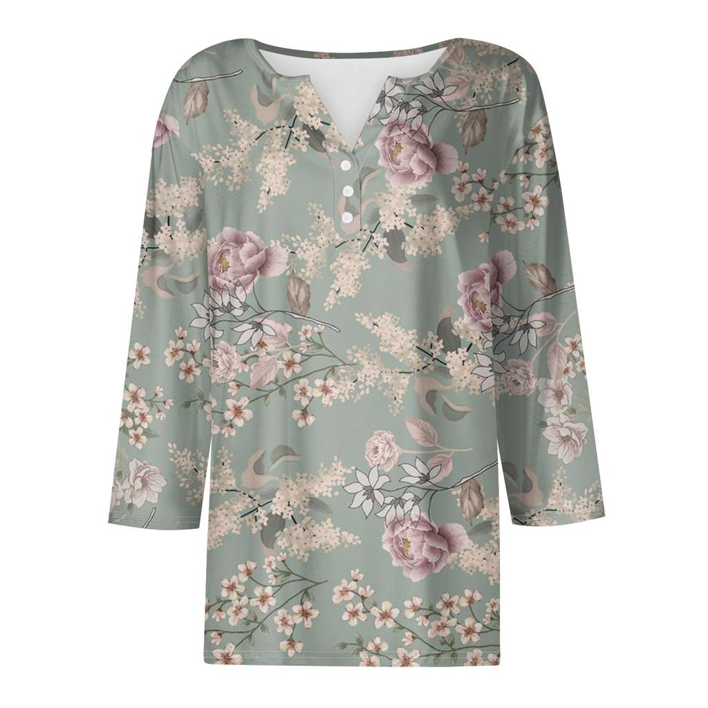 Жен. Футболка Футболка С принтом Пуговицы Рукав 3/4 Повседневные Выходные Мода Классический Классический V-образный вырез Обычный Верх
