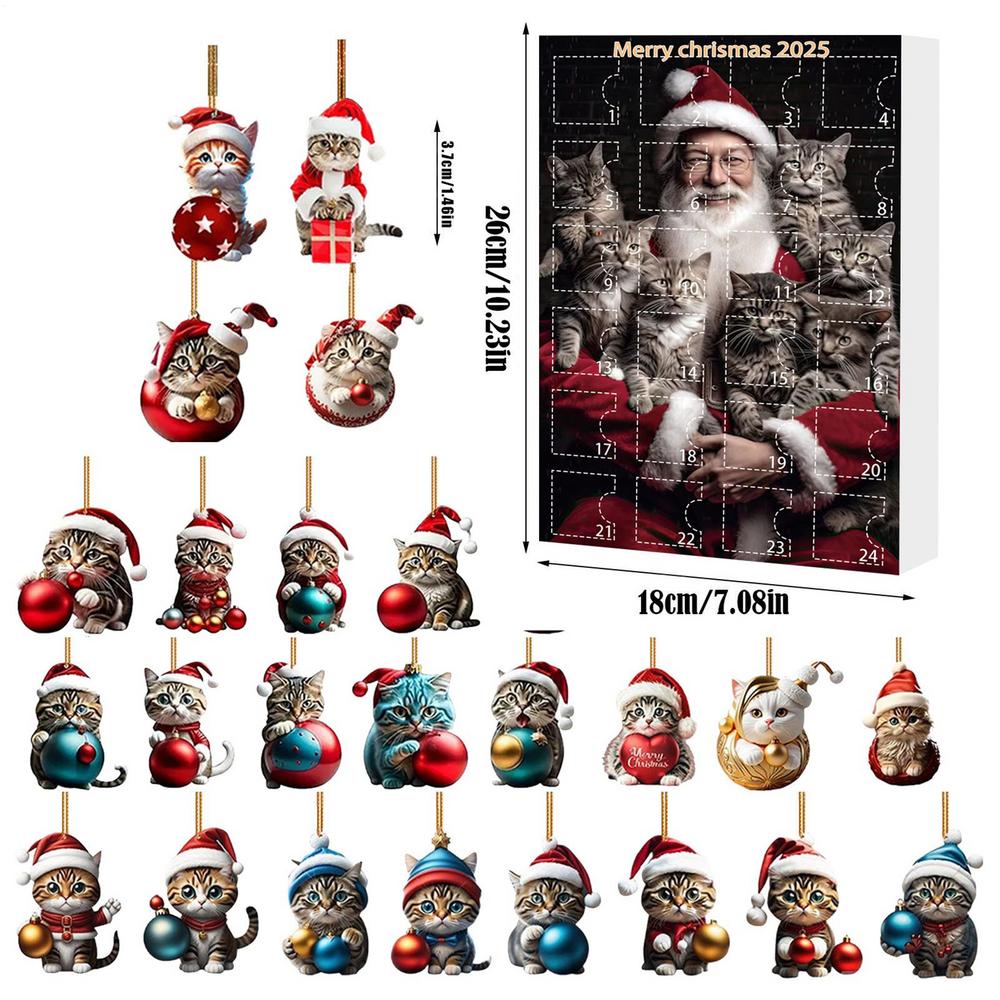 24 Piece Cat Christmas Advent Calendar Set - 2D Acrylic Cute Kitten Ornaments for Tree, Window, Wall, Door, Car Rearview Mirror