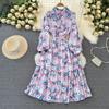 Spring and Autumn Long Sleeves Elegance Wide Hem Printed Dress