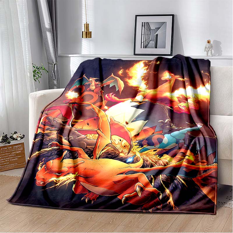 3D-Printed Cute Cartoon Charizard Blanket — Fluffy, Soft, and Warm Throw for Bedroom Decor and Home Comfort