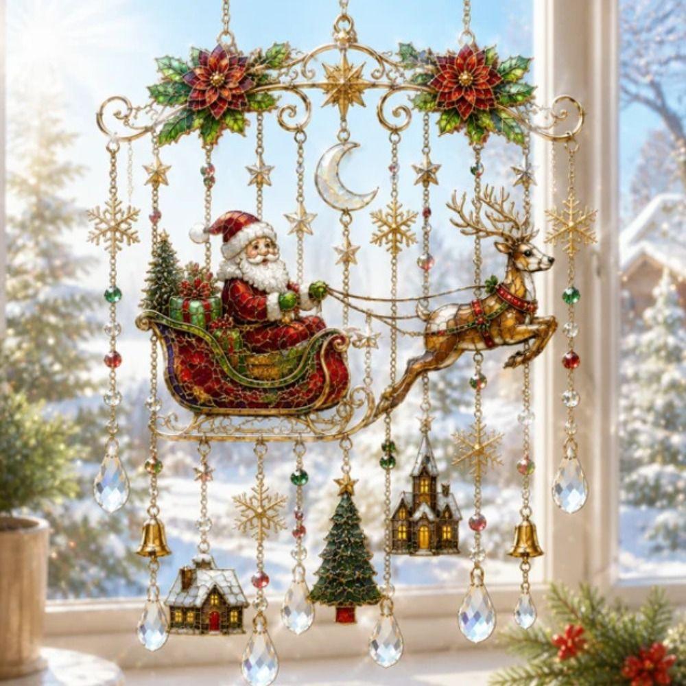 Hanging Design Christmas Suncatcher Acrylic Santa Sleigh Ornament Holiday Wind Chime Xmas Gift