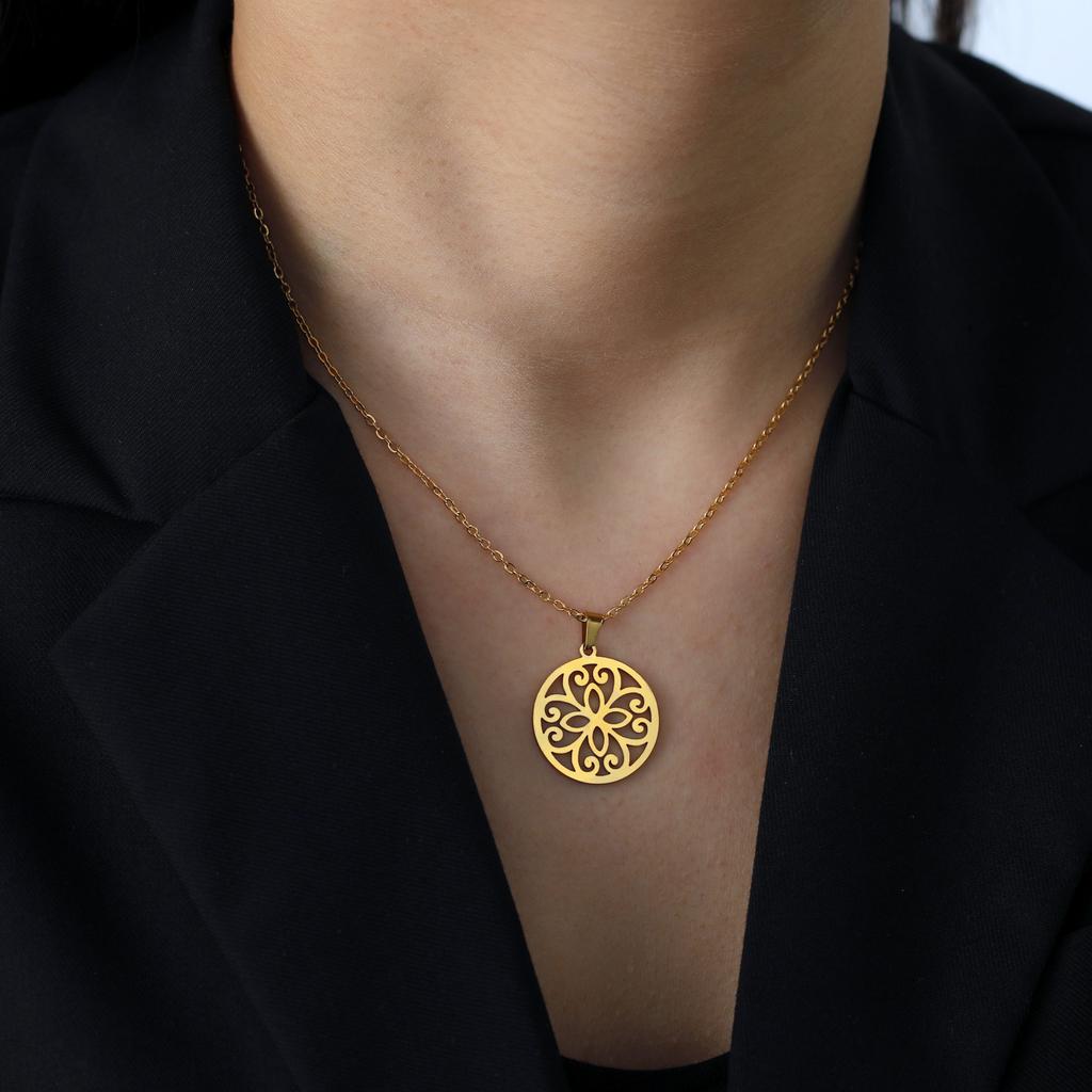 Cazador Stainless Steel Mandala Flower of Life Pendant Necklace for Women Gift Lotus Neck Chain Amulet Jewelry Wholesale