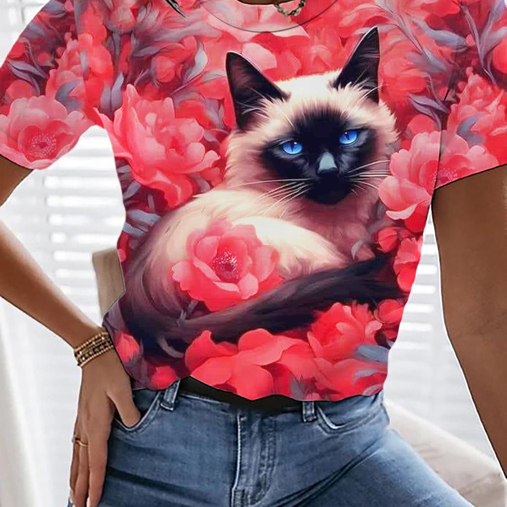 Женская футболка с 3D-принтом, цветочной кавайной анималистичной графикой, повседневные футболки с коротким рукавом, модные летние футболки с круглым вырезом Y2K для женщин
