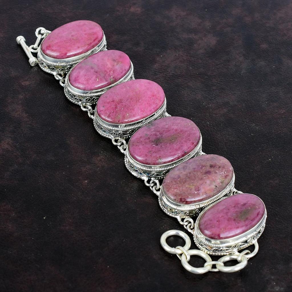 Rhodonite Gemstone Bracelet 925 Sterling Silver Bracelet Handmade Jewelry Adjustable Chain Bracelet Gifts For Mother Vintage Design Bracelet