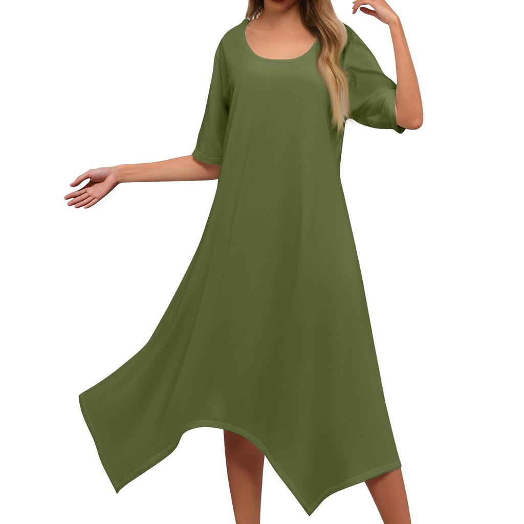 Женское повседневное модное платье миди с круглым вырезом и коротким рукавом, однотонное, с неровным подолом