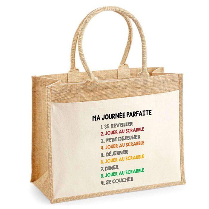 Cabas jute avec poche jouer au scrabble journée parfaite Cadeau Femme Homme, Anniversaire Noël, Maman Papa | Sac Shopping Courses