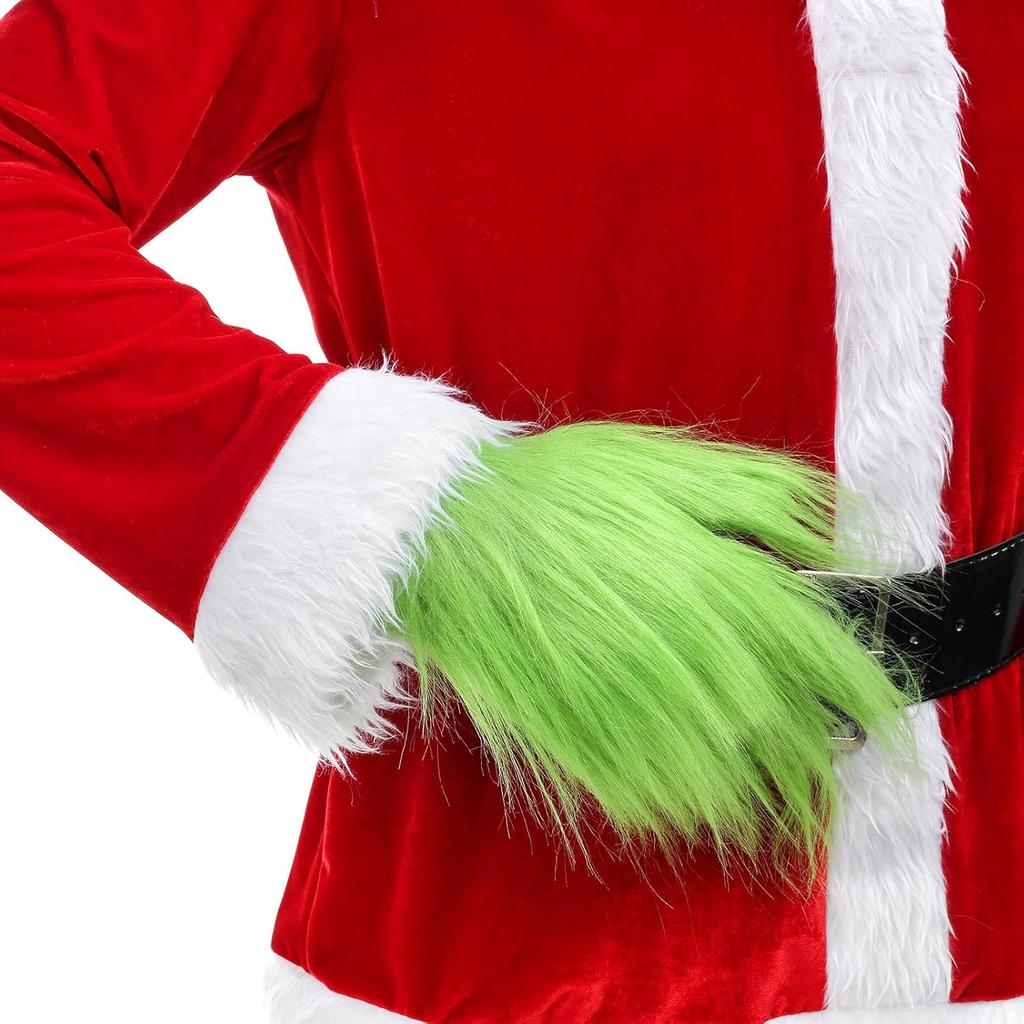 Mens Green Beard Santa Hat With Furry Gloves For Adult Christmas Cosplay Costume Accessories