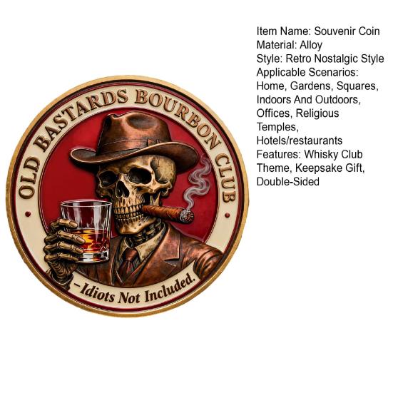 Клуб любителей бурбона "Старые ублюдки" Коллекционная монета Двусторонняя Винтажный череп Клуб любителей виски Монета-сувенир Сувенир для коллекционеров Жетона Монета-подарок