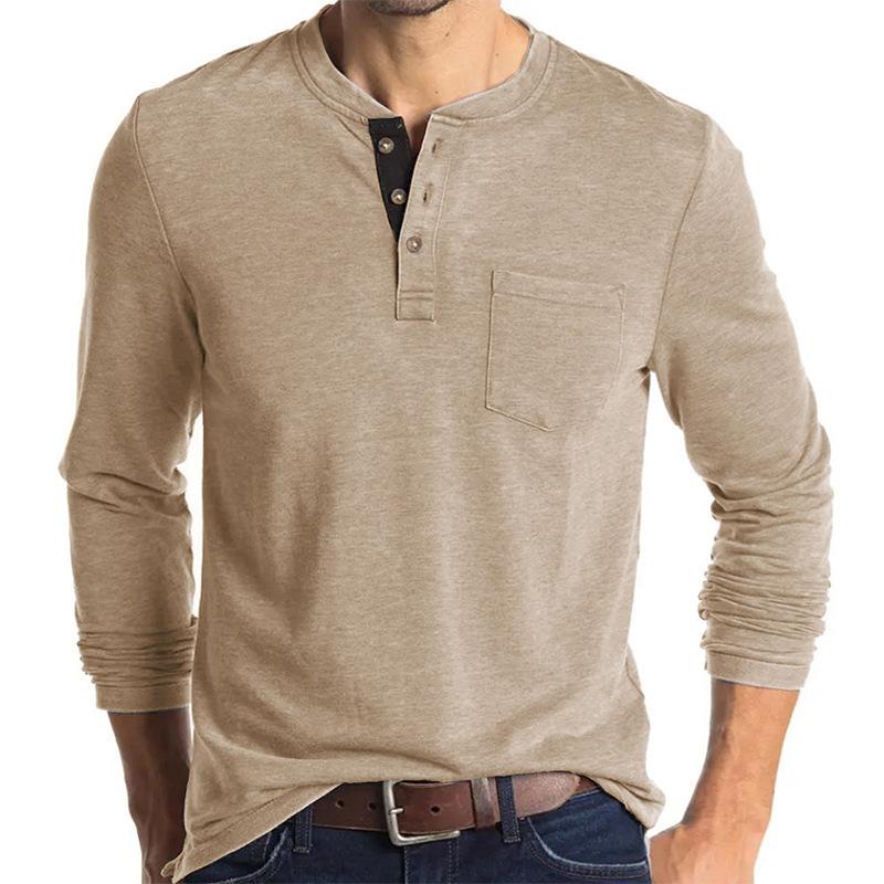 Beauty Vintage Casual Round Neck T-shirt Men's Solid Button Patchwork Pocket Trendy Versatile Cotton Breathable Long Sleeve Top